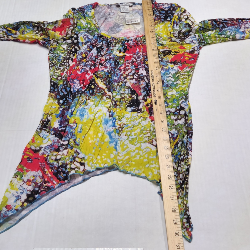 Chiffon Blouse 3/4 Sleeves Asymmetrical Hem Small Abstract Boho Colorful - Picture 8 of 9